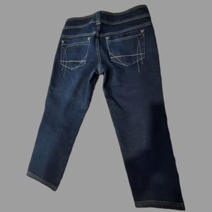 BEBE Low Rise Double Button Capri Denim Blue Jeans Gold Hardware 27
